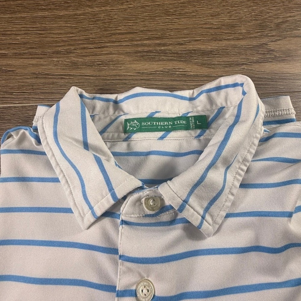 Southern Tide Club Mens Large Blue White Striped Performance Polo Shirt Golf - Picture 11 of 16
